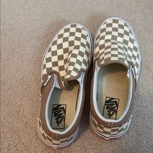 Vans Brown and White Checkerboard Slip-On Sneakers